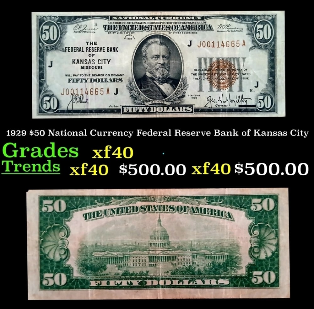 1929 $50 National Currency Federal Reserve Bank of Kansas City Grades xf: 1929 Federal Reserve Bank of Kansas City $50 National Currency Grades xf.