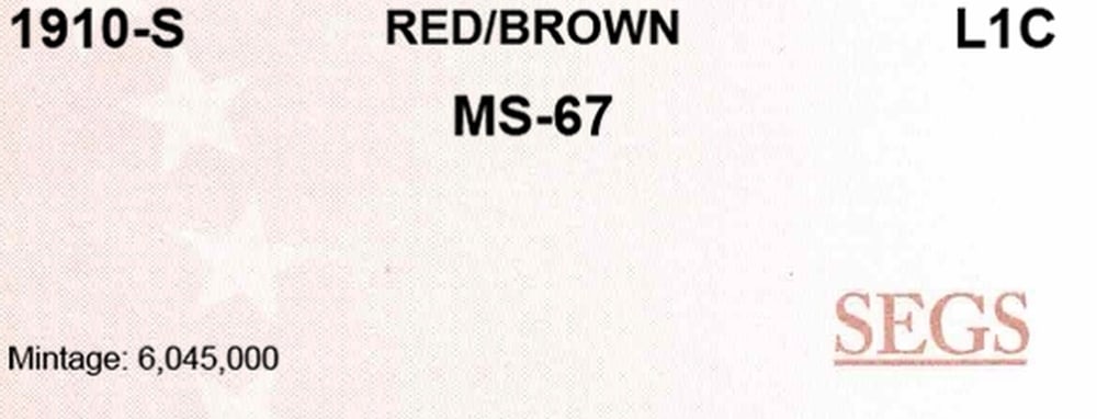 1910-s Lincoln Cent TOP POP! 1c ms67 rb SEGS: 1910-s TOP POP! Lincoln Cent 1c ms67 rb SEGS. Semi Key Date. Per David Hall of PCGS "The 1910-s has long been considered a semi-key date in circulated grades"