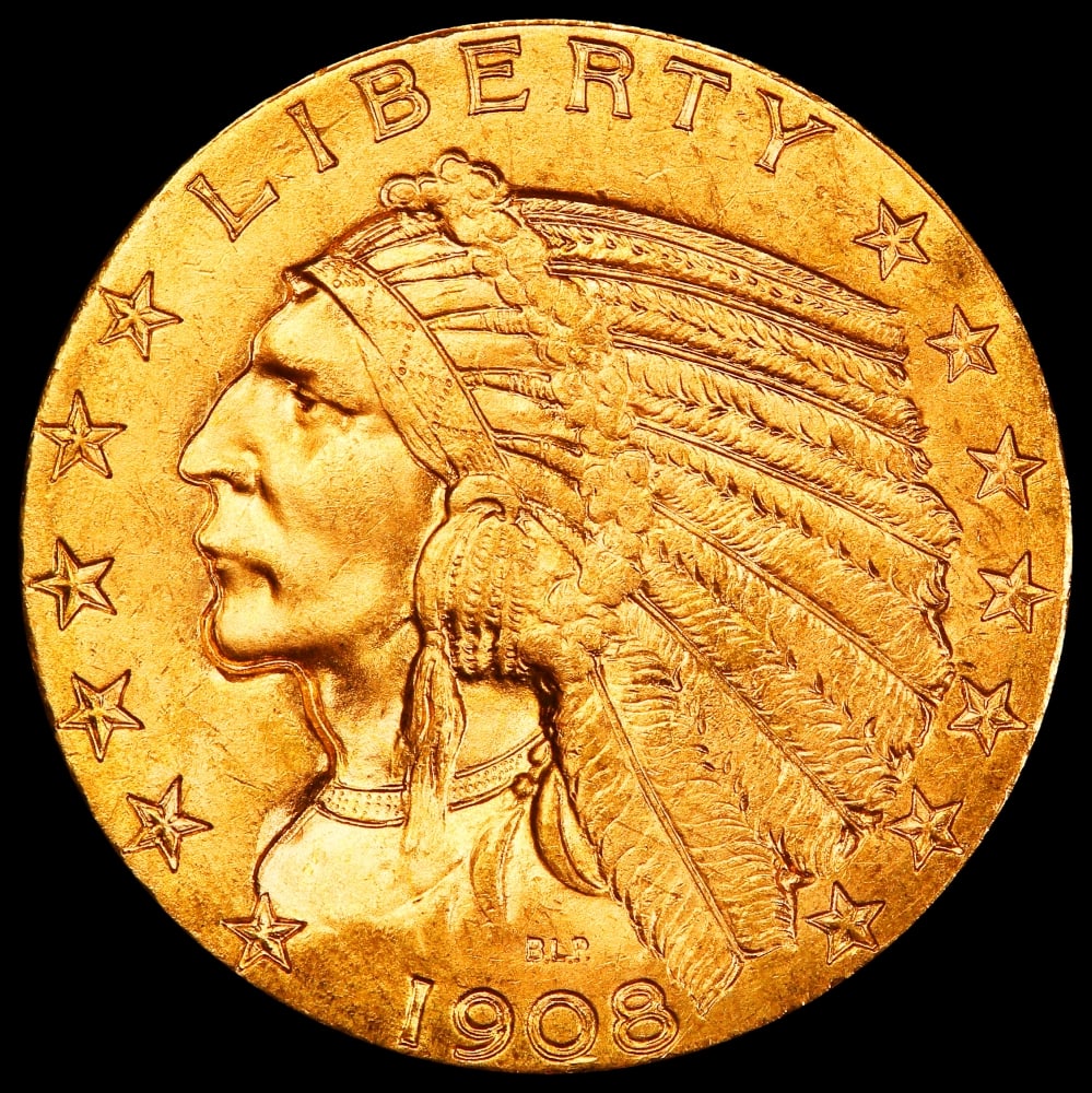 1908-d Gold Indian Half Eagle $5 ms65+ USCG - 2