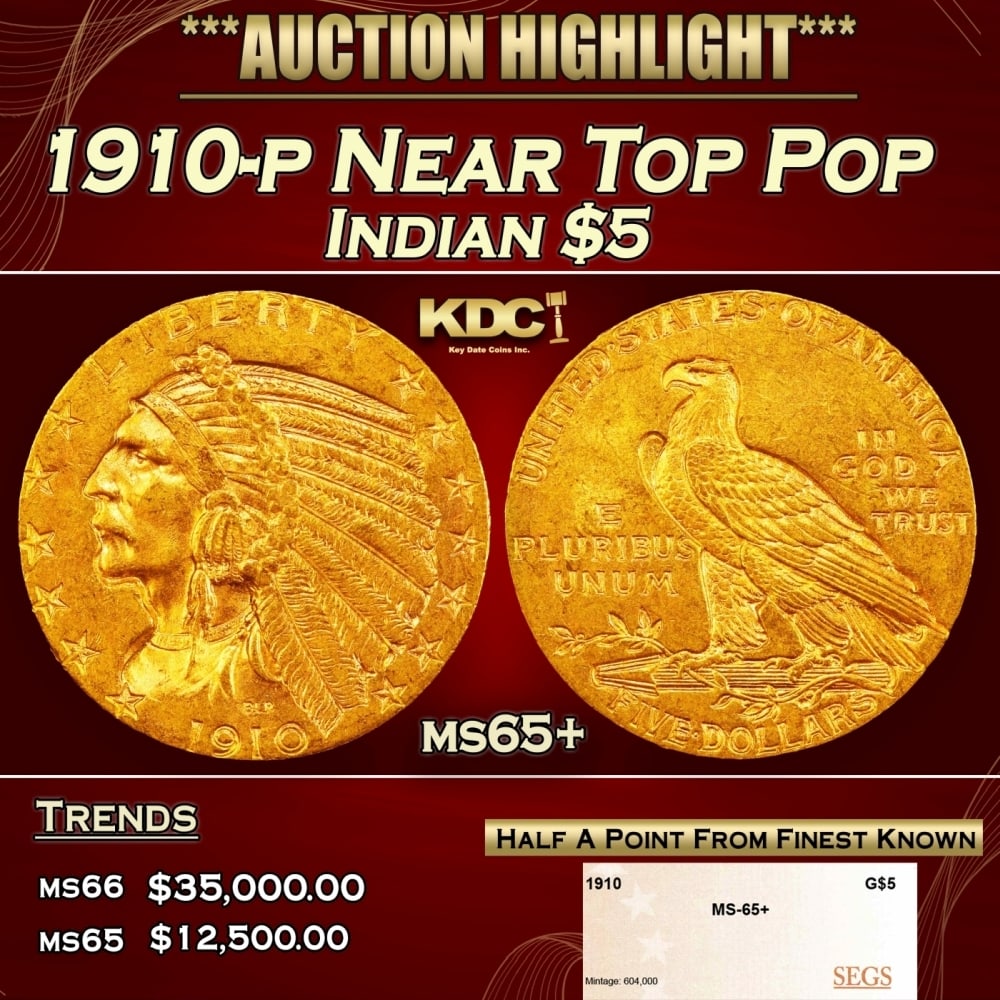 1910-p Gold Indian Half Eagle Near Top Pop $5 ms65+ SEGS: 1910-p Near Top Pop Gold Indian Half Eagle $5 ms65+ SEGS. 0