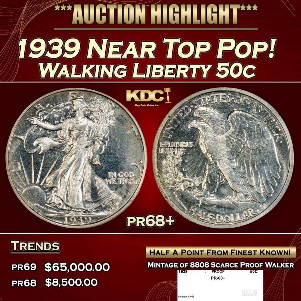 1939 Proof Walking Liberty Half Dollar Near Top Pop! 50c pr68+ SEGS: 1939 Near Top Pop! Walking Liberty Half Dollar 50c pr68+ SEGS. 0