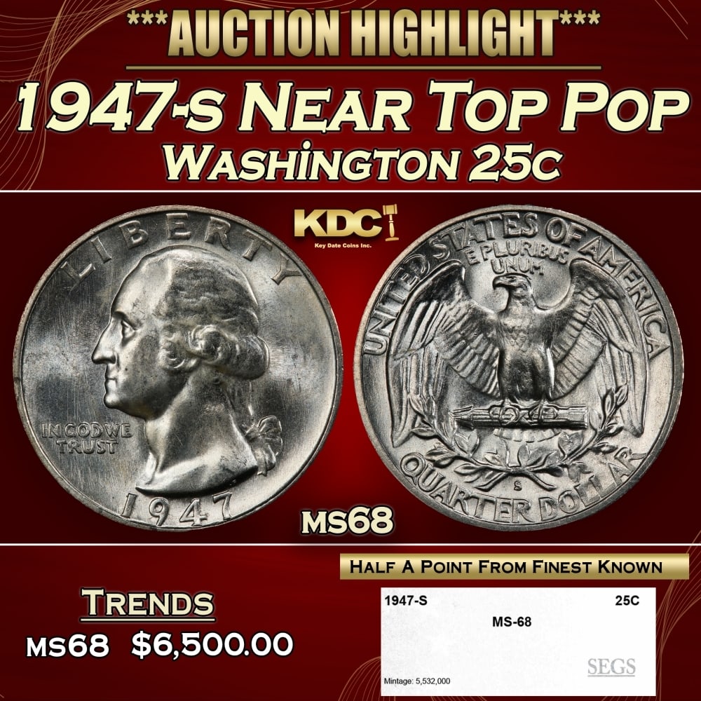 1947-s Washington Quarter Near Top Pop 25c ms68 SEGS (1 of 4)