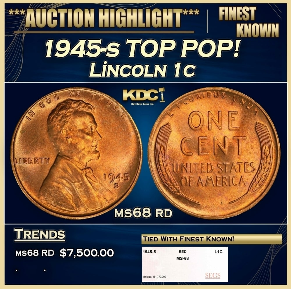 1945-s Lincoln Cent TOP POP! 1c ms68 rd SEGS: 1945-s TOP POP! Lincoln Cent 1c ms68 rd SEGS.