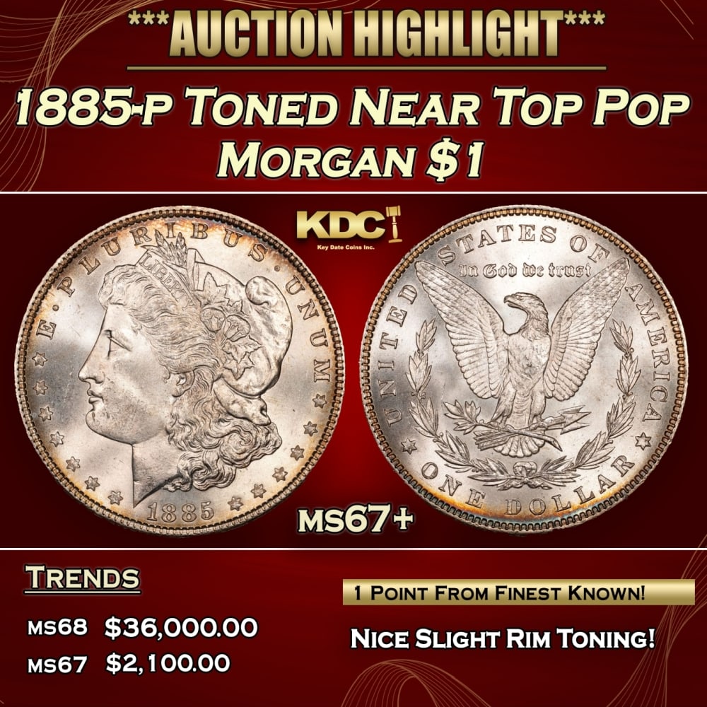 1885-p Morgan Dollar Toned Near Top Pop $1 ms67+ SEGS: 1885-p Toned Near Top Pop Morgan Dollar $1 ms67+ SEGS. 0