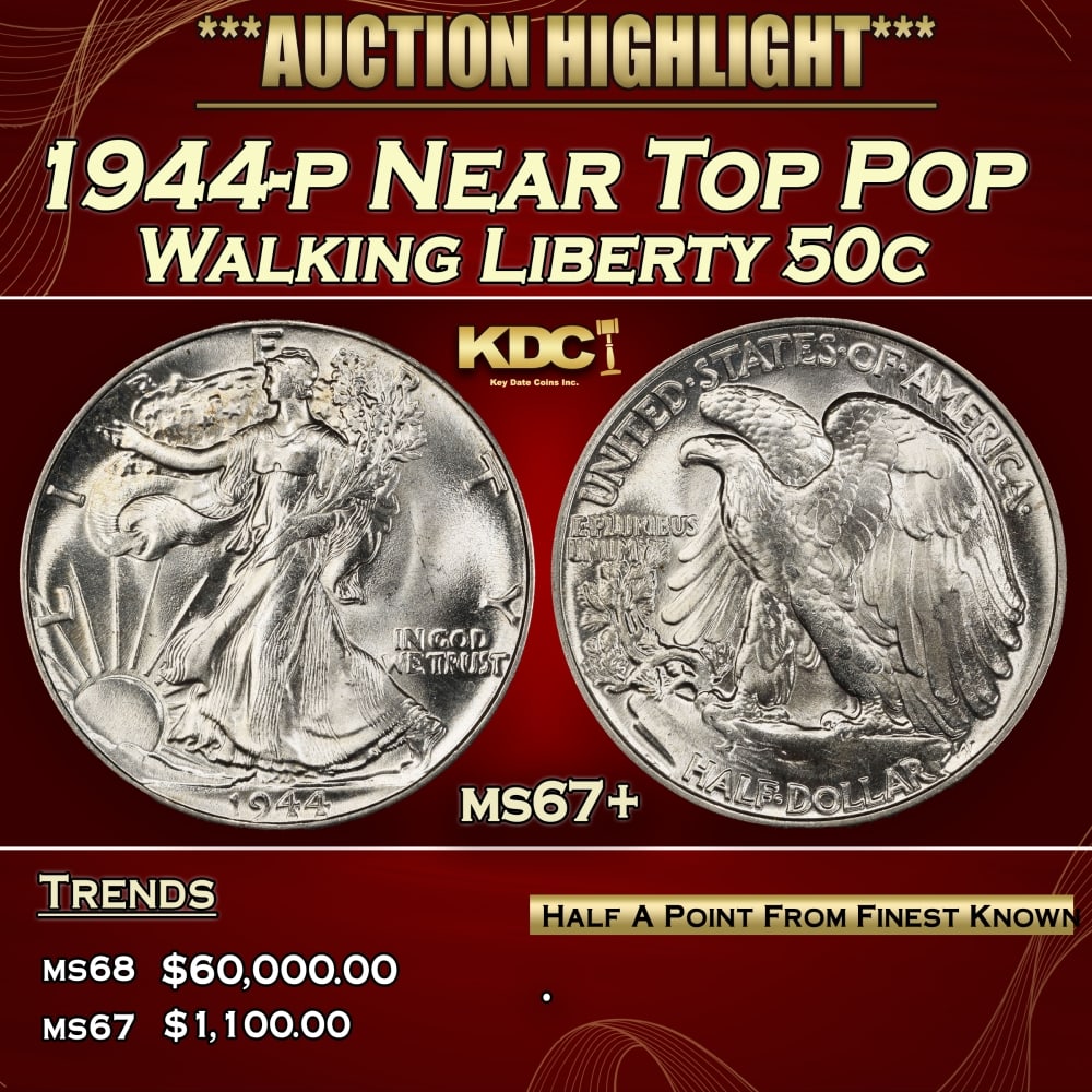 1944-p Walking Liberty Half Dollar Near Top Pop 50c ms67+ SEGS: 1944-p Near Top Pop Walking Liberty Half Dollar 50c ms67+ SEGS. 0