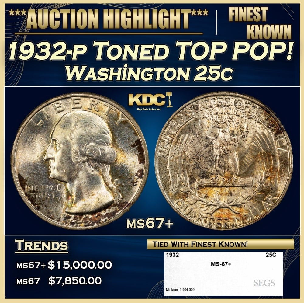 1932-p Washington Quarter Toned TOP POP! 25c ms67+ SEGS: 1932-p Toned TOP POP! Washington Quarter 25c ms67+ SEGS. 0