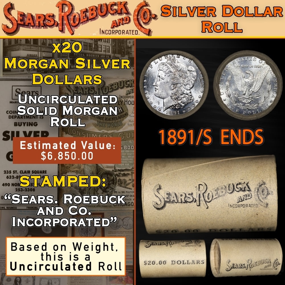 Uncirculated Morgan SEARS Silver Dollar $1 Roll 20 Coin 1891/'S' Rev Ends: Uncirculated Morgan SEARS Silver Dollar $1 Roll 20 Coin 1891/'S' Rev Ends. Up For Auction is a 36- Uncirculated Morgan SEARS Silver Dollar $1 Roll 20 Coin 1891/'P' Rev Ends Roll Weighing 537.5 g Based