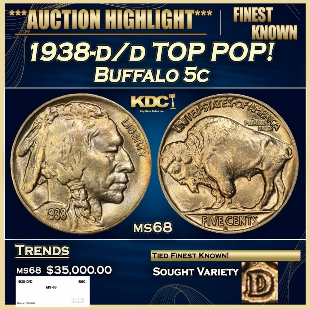 1938-d/d Buffalo Nickel TOP POP! 5c ms68 SEGS: 1938-d/d TOP POP! Buffalo Nickel 5c ms68 SEGS.