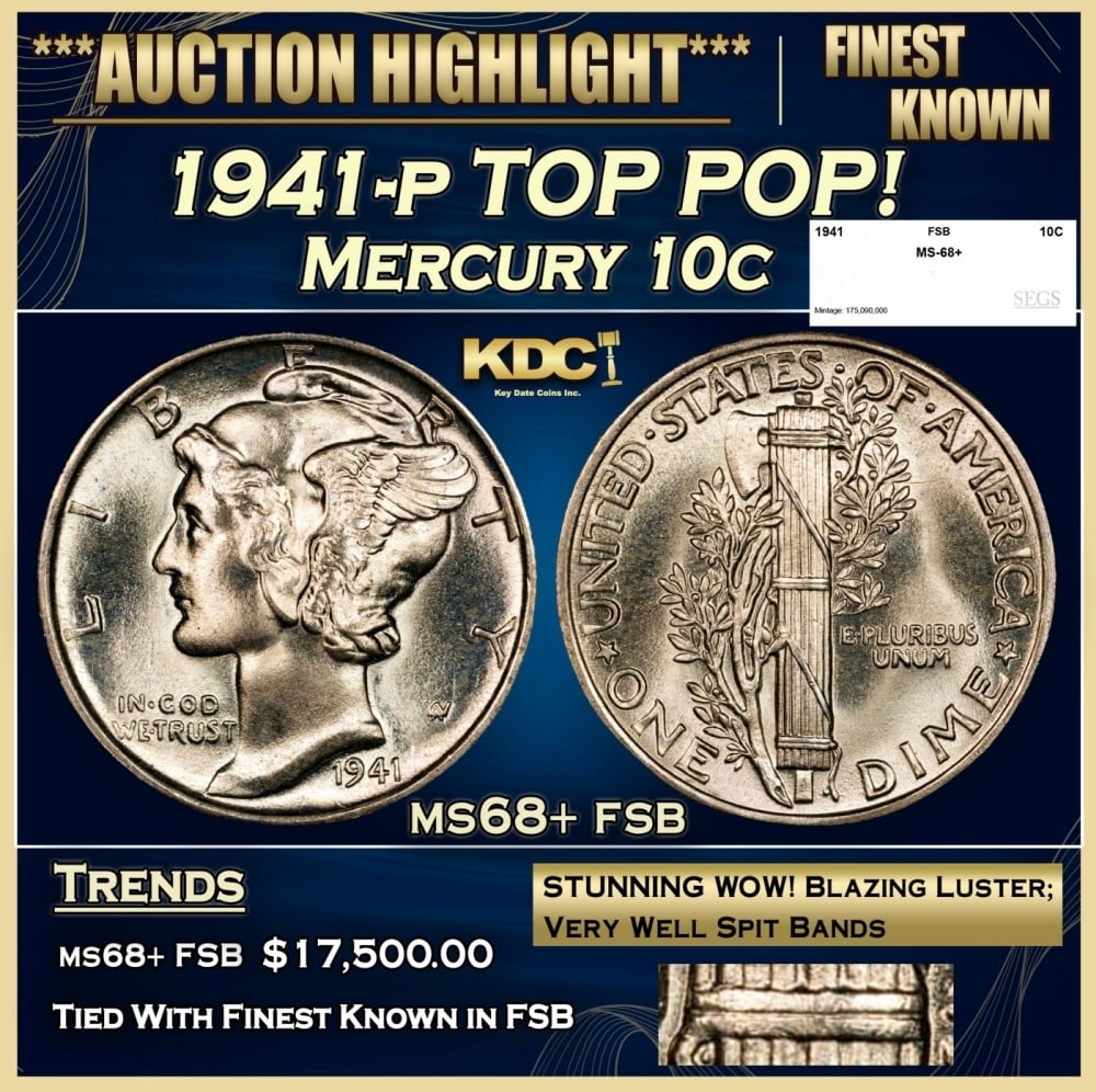 1941-p Mercury Dime TOP POP! 10c ms68+ fsb SEGS: 1941-p TOP POP! Mercury Dime 10c ms68+ fsb SEGS. 0