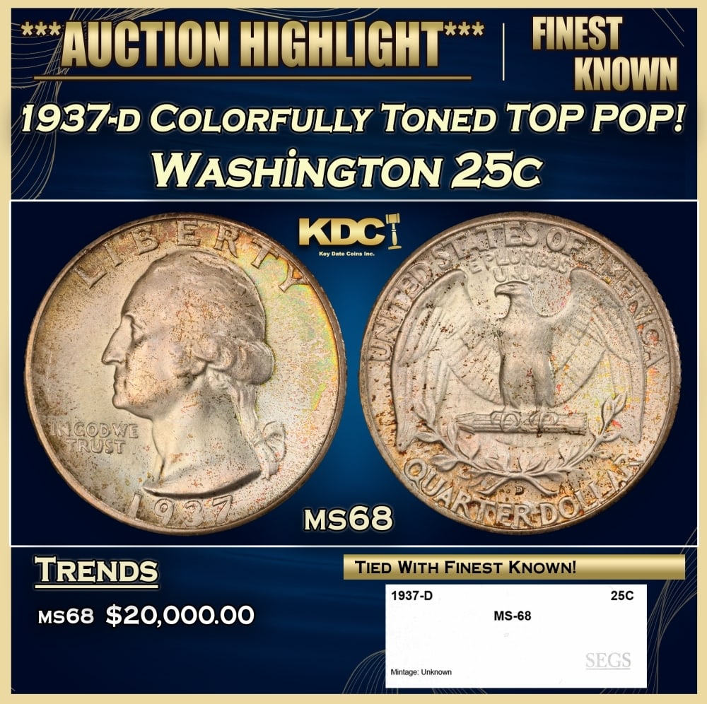 1937-d Washington Quarter Colorfully Toned TOP POP! 25c ms68 SEGS: 1937-d Colorfully Toned TOP POP! Washington Quarter 25c ms68 SEGS. 0