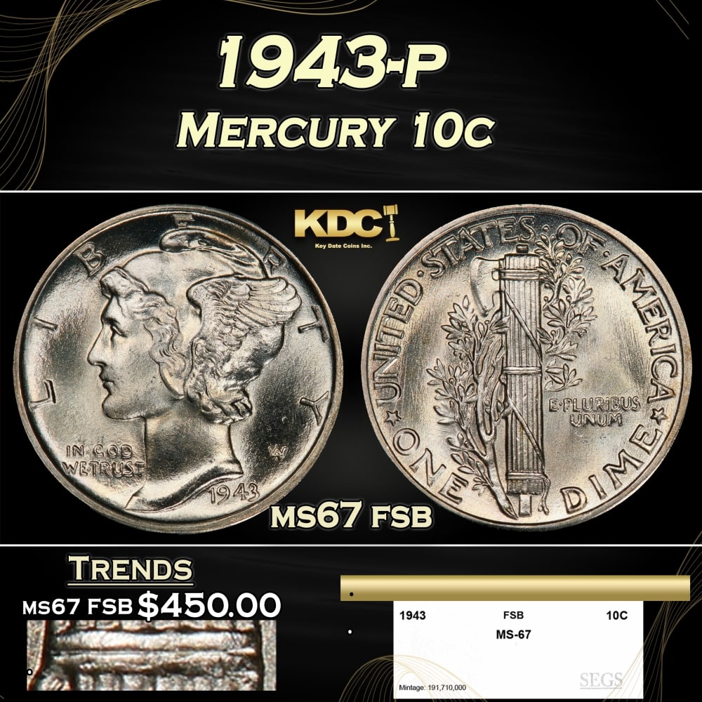 1943-p Mercury Dime 10c ms67 fsb SEGS (1 of 4)
