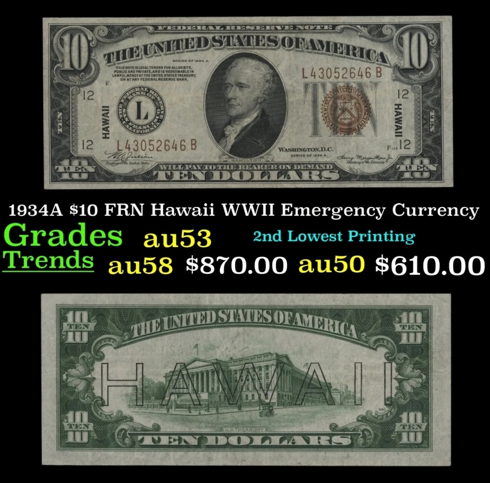 1934A $10 FRN Hawaii WWII Emergency Currency Grades Select AU: 1934A $10 FRN Hawaii WWII Emergency Currency Grades Select AU.