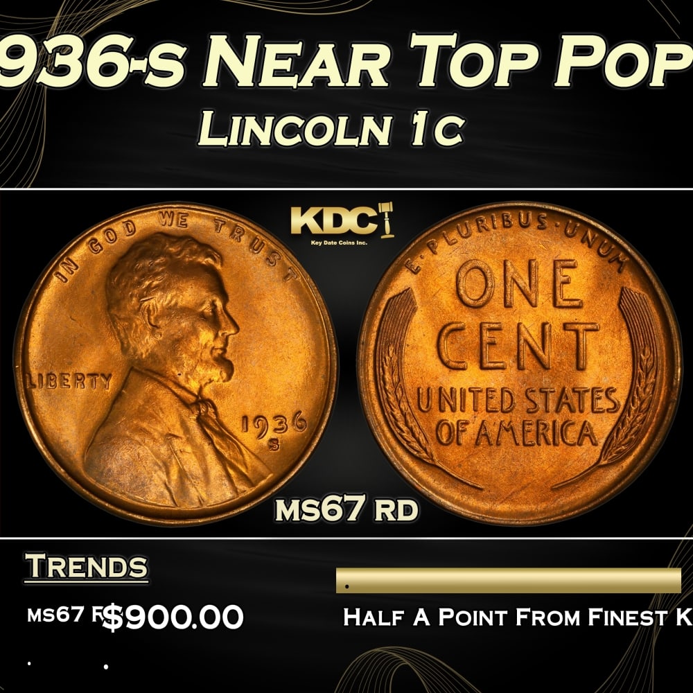 1936-s Lincoln Cent Near Top Pop 1c ms67 rd SEGS: 1936-s Near Top Pop Lincoln Cent 1c ms67 rd SEGS. 0