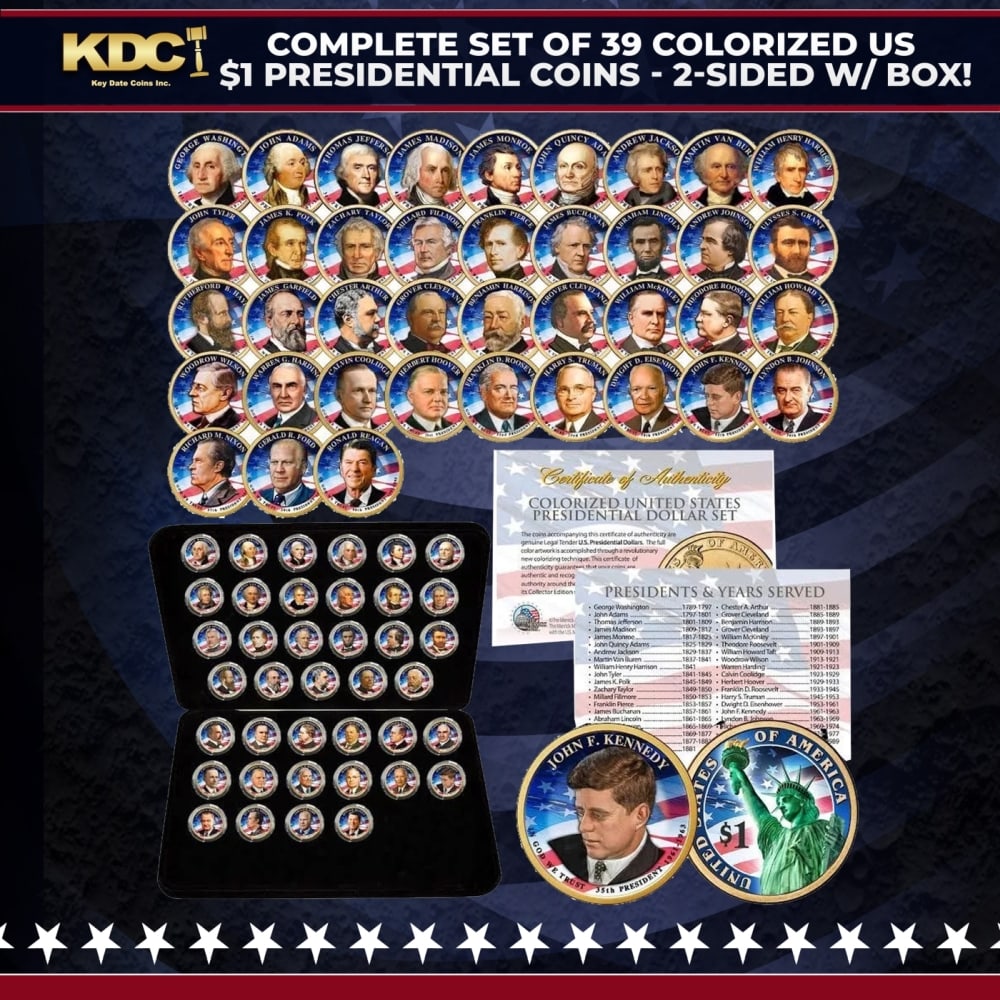 Complete Set of 39 Colorized US $1 Presidential Coins - 2-Sided w/ Box! Other Toy: Complete Set of 39 Colorized US $1 Presidential Coins - 2-Sided w/ Box!. This is your chance to possess the whole set of U.S. Mint Presidential Dollars, which includes all thirty-nine (39) Presidents.