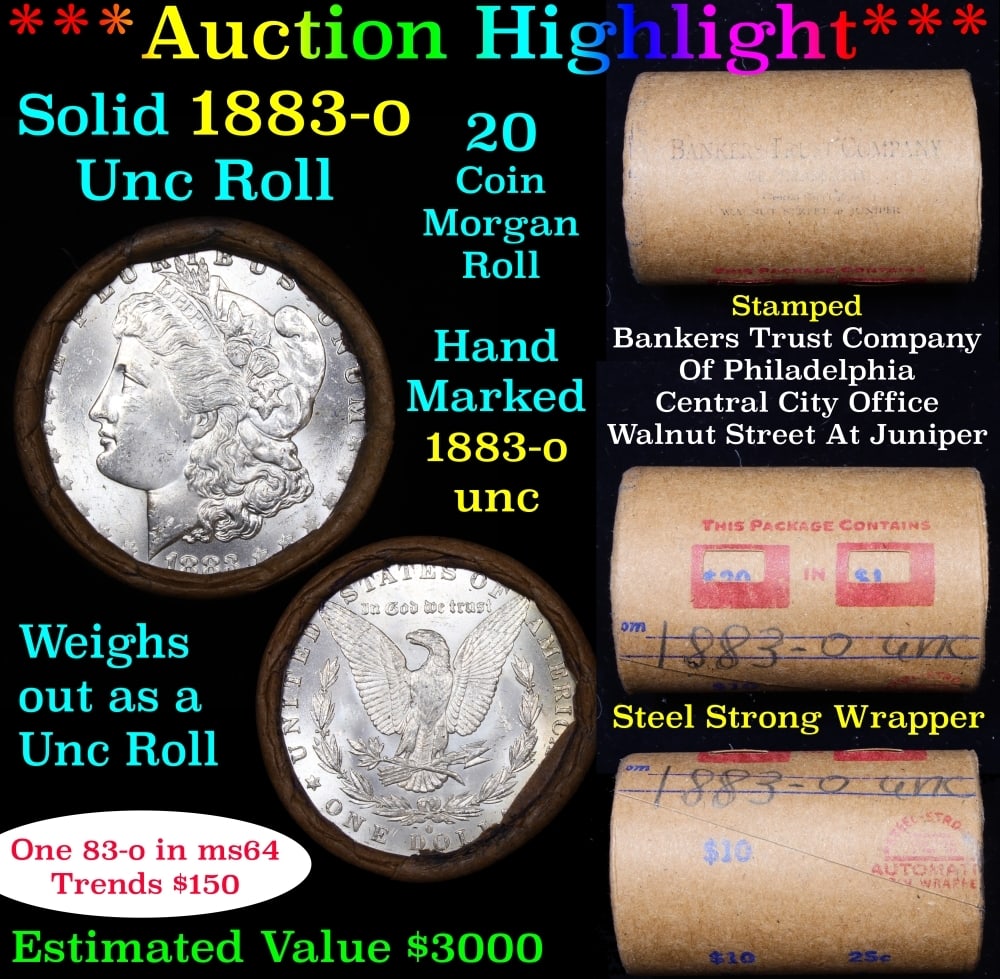 Full solid date 1883-o Uncirculated Morgan silver dollar roll, 20 coins: Full solid date 1883-o Uncirculated Morgan silver dollar roll, 20 coins. Full solid date 1883-o Uncirculated Morgan silver dollar roll, 20 coins. This roll is held in an old Steel strong wrapper, pate