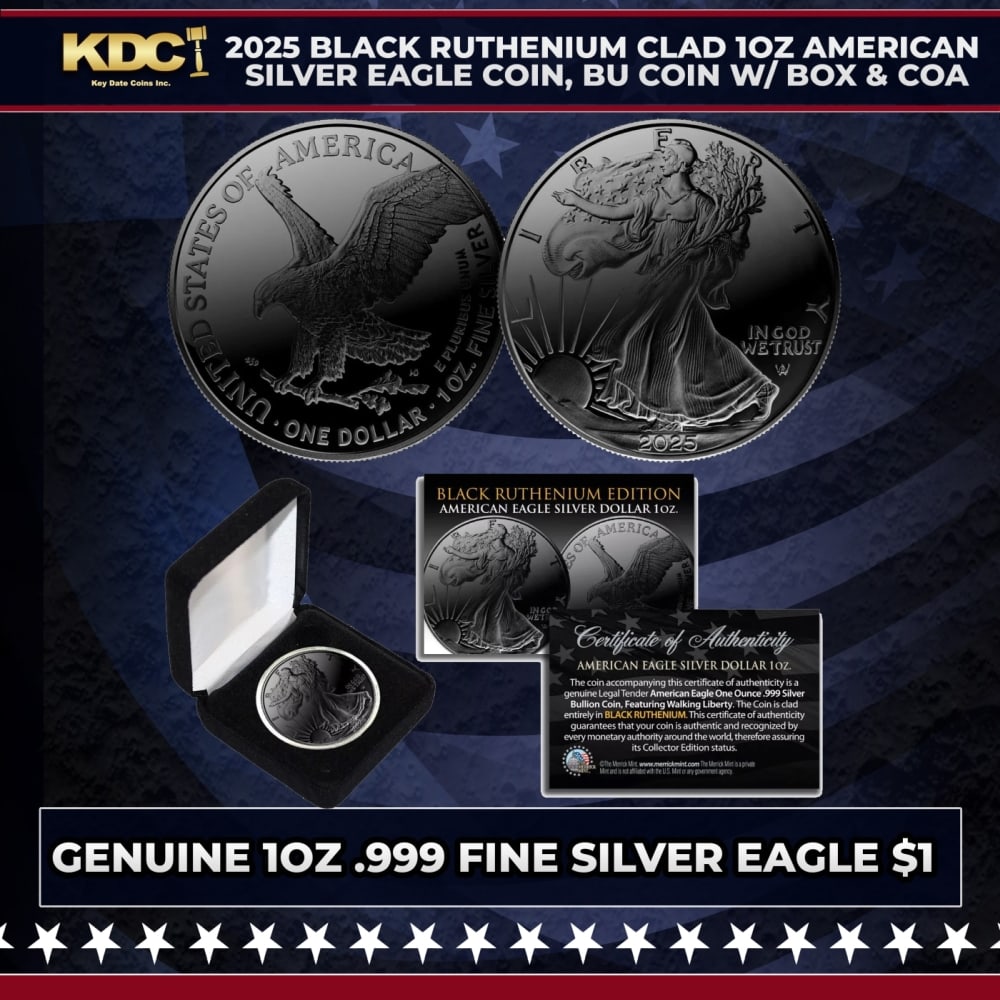 2025 Black Ruthenium Clad 1oz American Silver Eagle Coin, BU Coin w/ Box & COA Other Toy: 2025 Black Ruthenium Clad 1oz American Silver Eagle Coin, BU Coin w/ Box & COA. Seize this opportunity to acquire this BLACK RUTHENIUM EDITION 2025 American Silver Eagle Dollar U.S. Coin. To enhance t