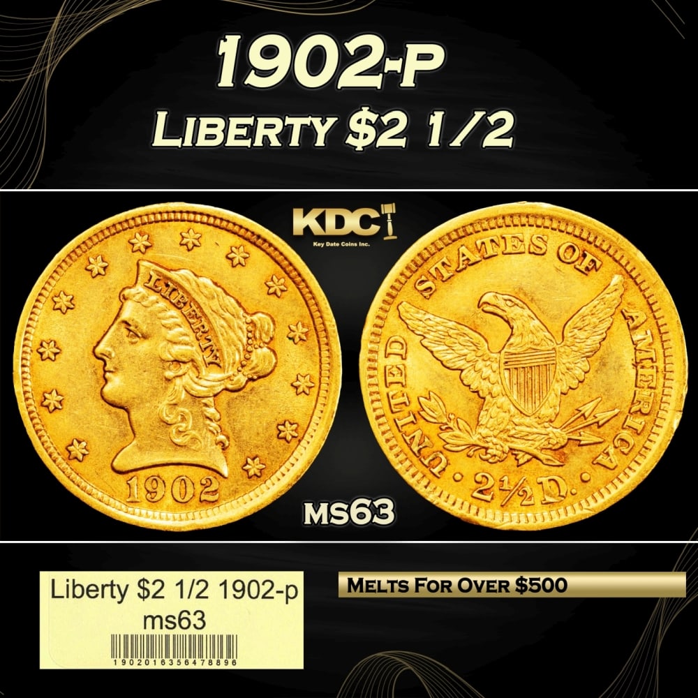1902-p Gold Liberty Quarter Eagle $2 1/2 ms63 USCG: 1902-p Gold Liberty Quarter Eagle $2 1/2 ms63 USCG. 0