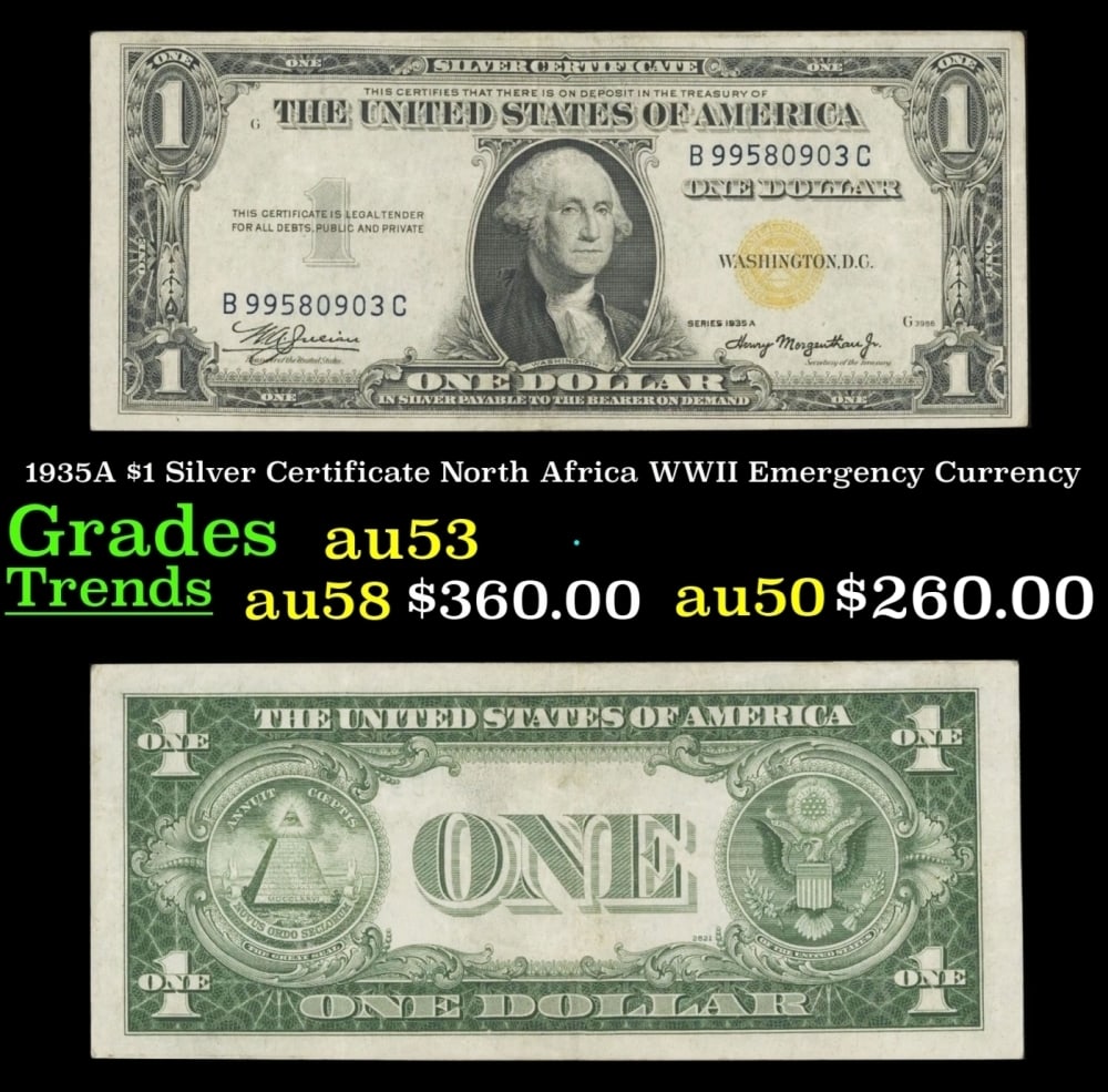 1935A $1 Silver Certificate North Africa WWII Emergency Currency Grades Select AU: 1935A $1 Silver Certificate North Africa WWII Emergency Currency Grades Select AU.
