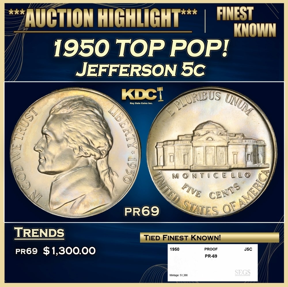 1950 Proof Jefferson Nickel TOP POP! 5c pr69 SEGS (1 of 4)