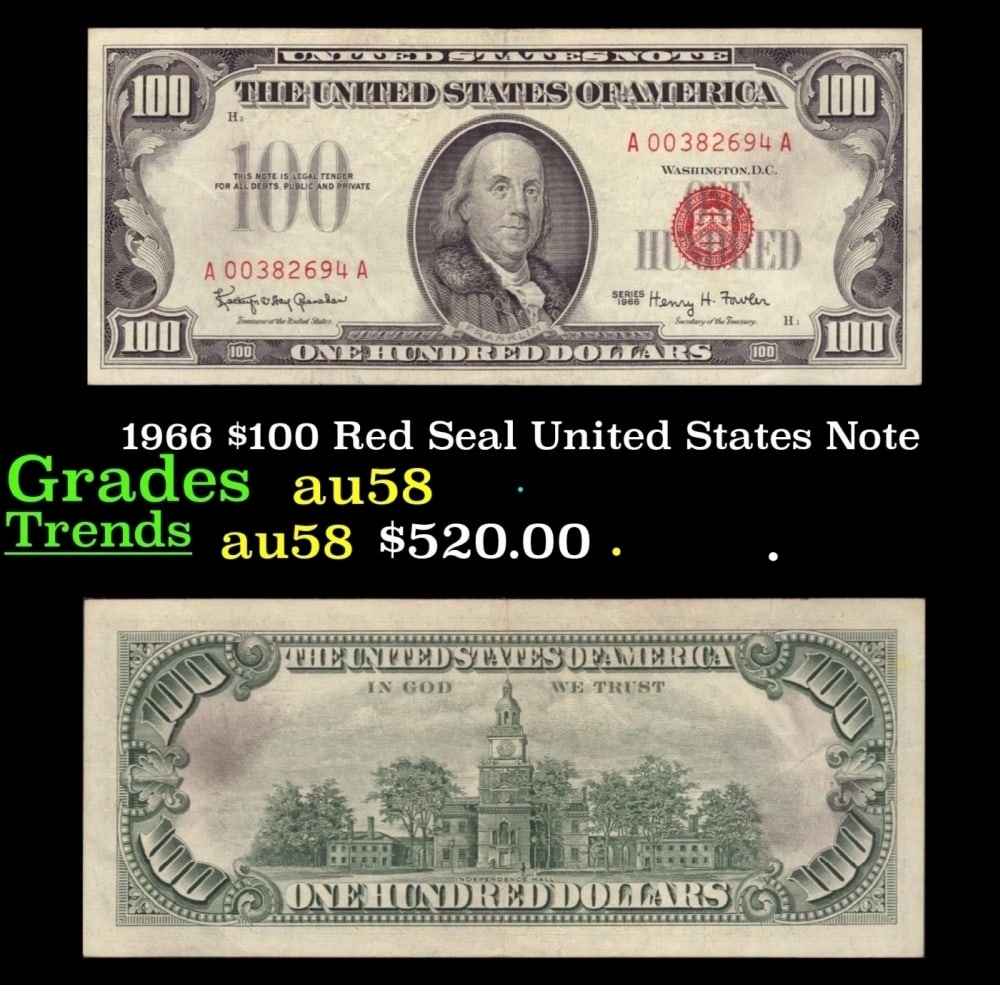 1966 $100 Red Seal United States Note Grades Choice AU/BU Slider: 1966 $100 Red Seal United States Note Grades Choice AU/BU Slider.