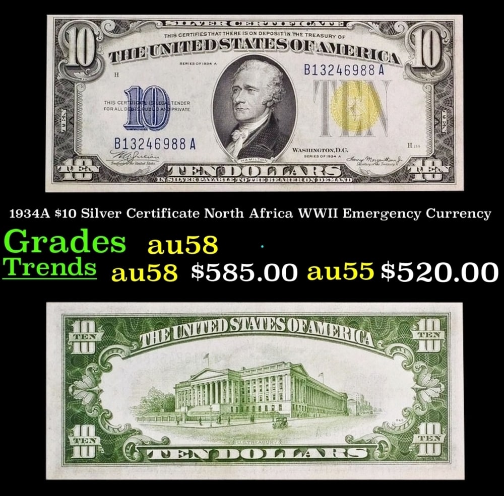 1934A $10 Silver Certificate North Africa WWII Emergency Currency Grades Choice AU/BU Slider: 1934A $10 Silver Certificate North Africa WWII Emergency Currency Grades Choice AU/BU Slider.