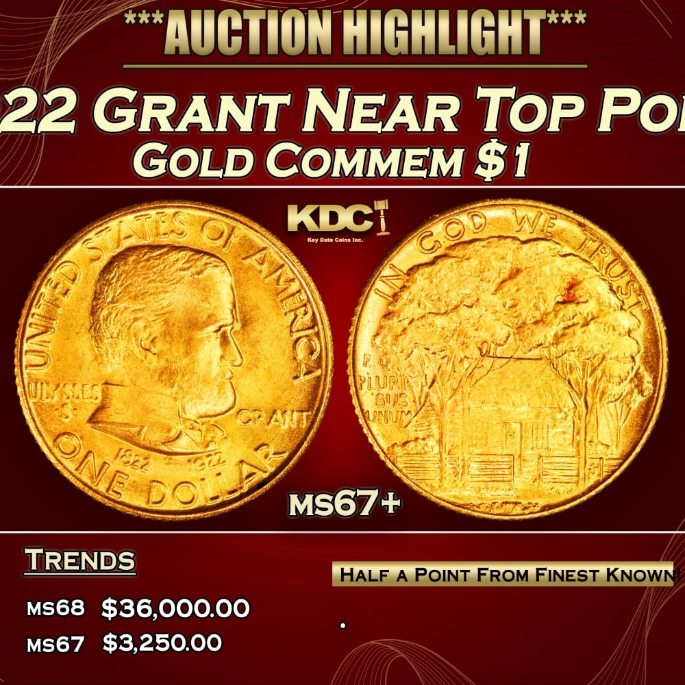 1922 Grant Gold Commem Dollar Near Top Pop! 1 ms67+ SEGS: 1922 Grant Near Top Pop! Gold Commem Dollar 1 ms67+ SEGS. 10,000 Pieces were Struck, 5,000 of the Star Variety and 5,000 of the No Star Variety. The Original Release Price was $3.50 for the Star Varie