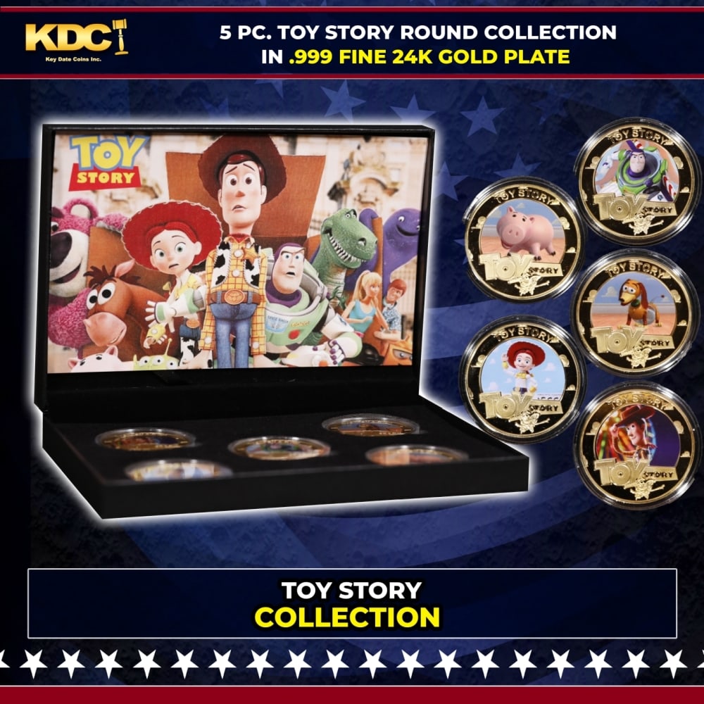 5 Coin Toy Story B Gold Plated Round Collection In Custom Box W/ Special Backer card: 5 Coin Toy Story B Gold Plated Round Collection In Custom Box W/ Special Backer card. Please Note All Backer Cards may have slight differences but will be very similar if not identical to the one in t