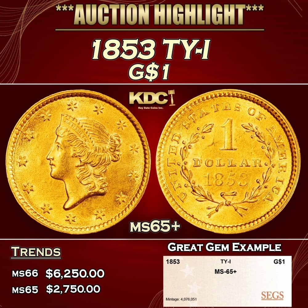 1853 Gold Dollar TY-I $1 ms65+ SEGS: 1853 TY-I Gold Dollar $1 ms65+ SEGS. 0
