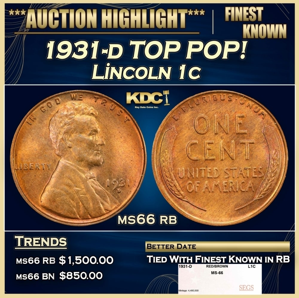 1931-d Lincoln Cent TOP POP! 1c ms66 rb SEGS: 1931-d TOP POP! Lincoln Cent 1c ms66 rb SEGS. 0