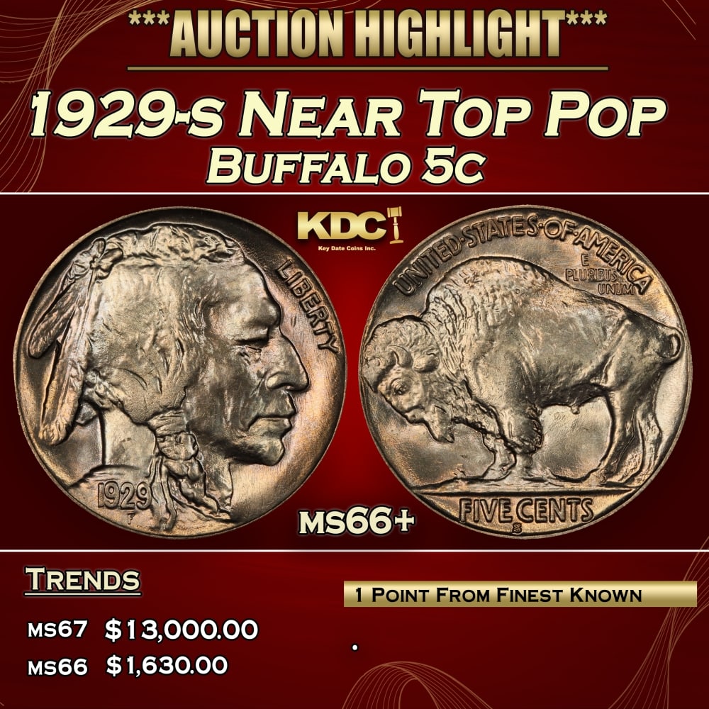 1929-s Buffalo Nickel Near Top Pop 5c ms66+ SEGS: 1929-s Near Top Pop Buffalo Nickel 5c ms66+ SEGS. 0