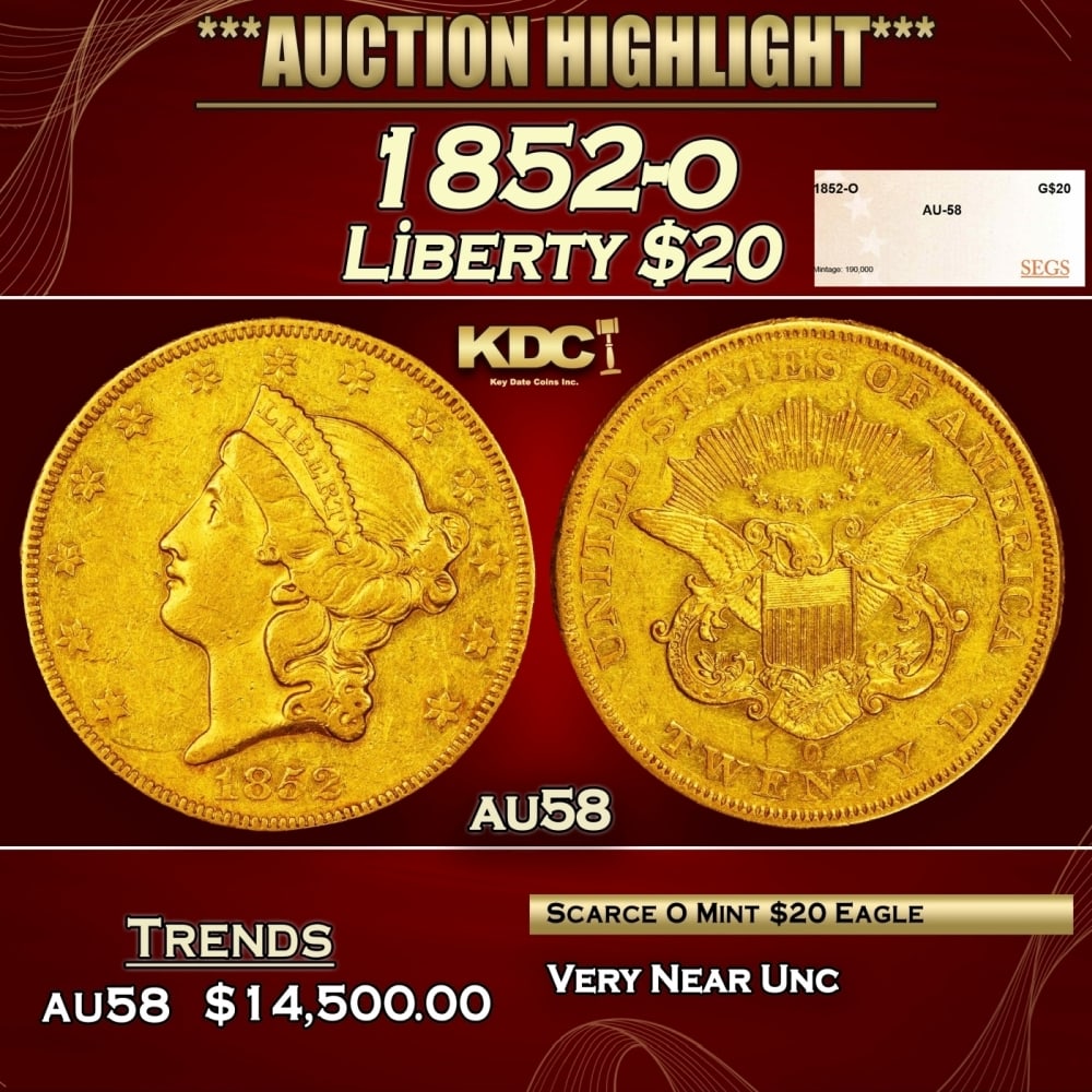 1852-o Gold Liberty Double Eagle $20 au58 SEGS: 1852-o Gold Liberty Double Eagle $20 au58 SEGS. 0
