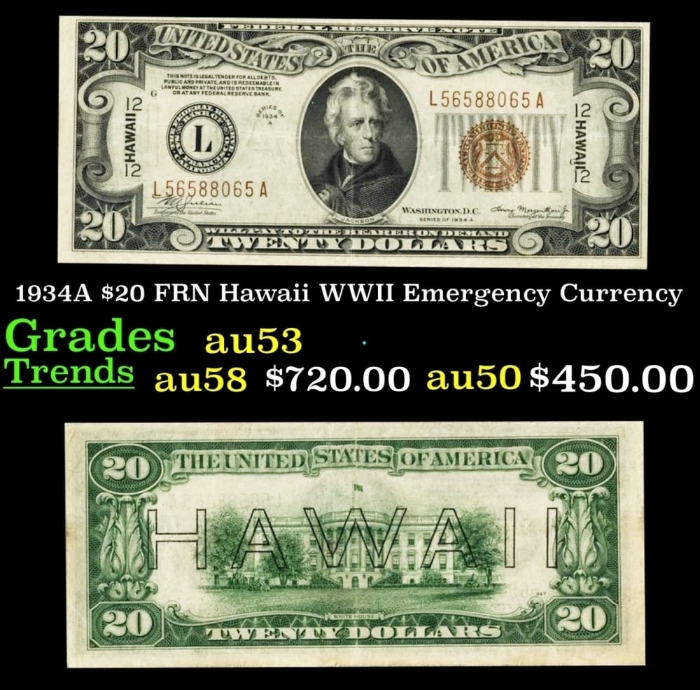 1934A $20 FRN Hawaii WWII Emergency Currency Grades Select AU: 1934A $20 FRN Hawaii WWII Emergency Currency Grades Select AU.