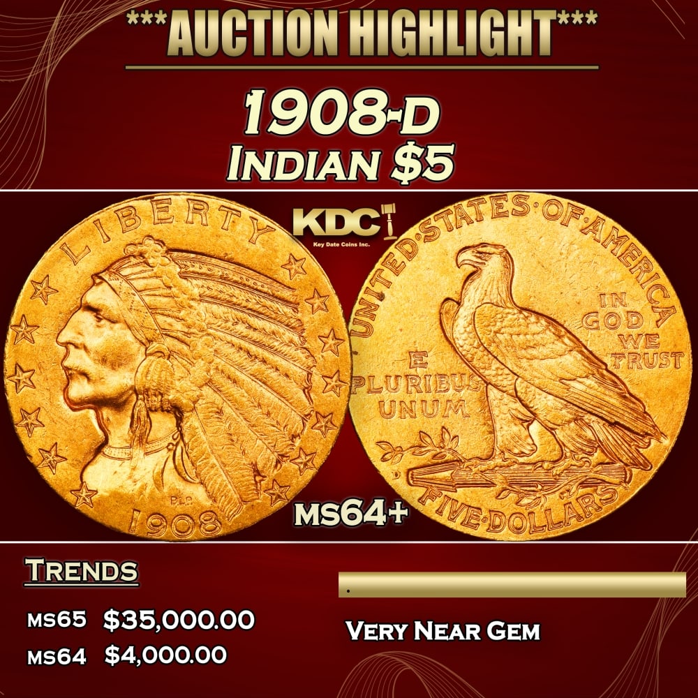 1908-d Gold Indian Half Eagle $5 ms64+ USCG: 1908-d Gold Indian Half Eagle $5 ms64+ USCG.