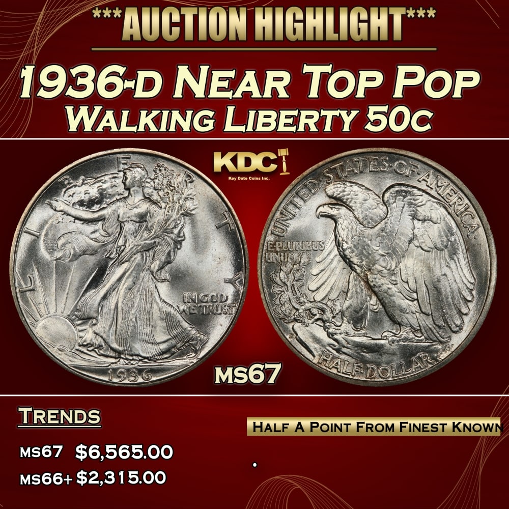 1936-d Walking Liberty Half Dollar Near Top Pop 50c ms67 SEGS: 1936-d Near Top Pop Walking Liberty Half Dollar 50c ms67 SEGS. 0