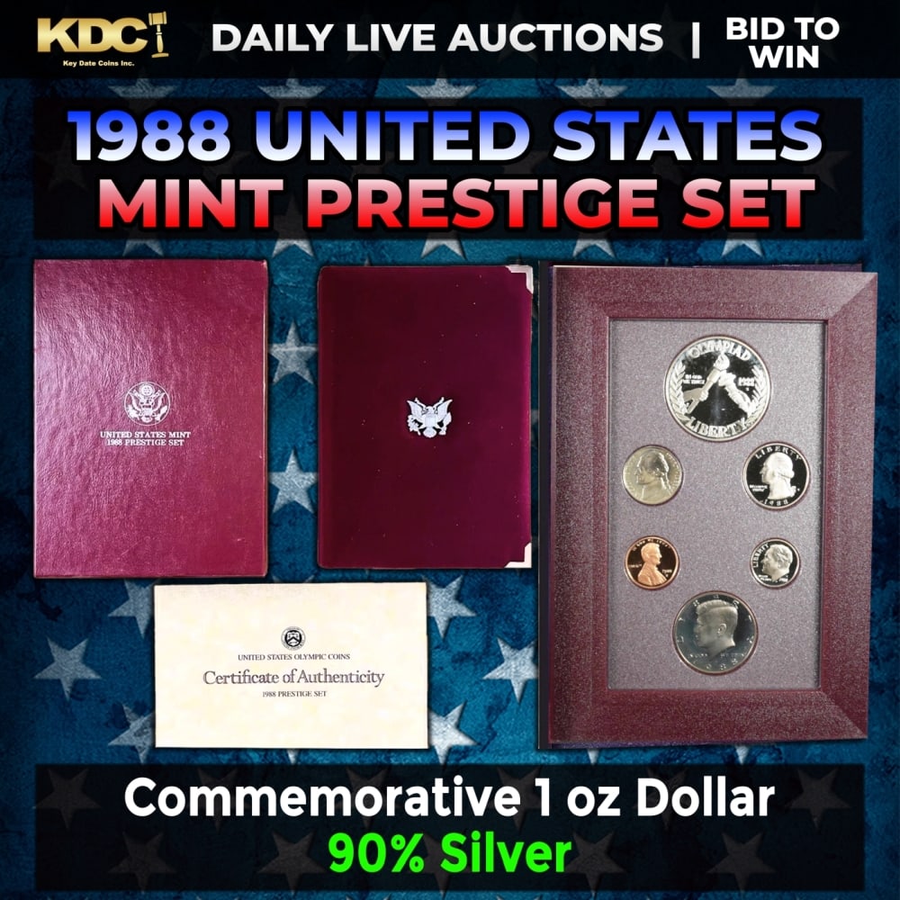1988 United States Mint Prestige Proof Set 6 Coins W/ Box & COA: 1988 United States Mint Prestige Proof Set 6 Coins W/ Box & COA. Product DetailsThis wonderful six-piece set includes all of the proof issue coins of 1988 as well as a commemorative Seoul Olympics pro