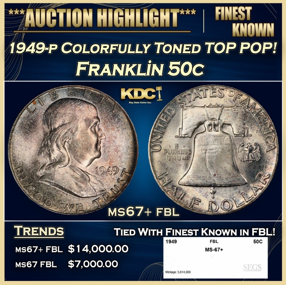 1949-p Franklin Half Dollar Colorfully Toned TOP POP! 50c ms67+ fbl SEGS: 1949-p Colorfully Toned TOP POP! Franklin Half Dollar 50c ms67+ fbl SEGS. 0