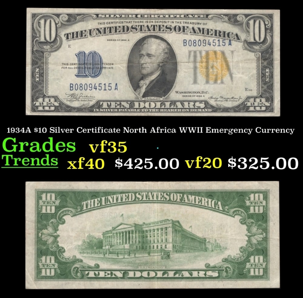 1934A $10 Silver Certificate North Africa WWII Emergency Currency Grades vf++: 1934A $10 Silver Certificate North Africa WWII Emergency Currency Grades vf++.