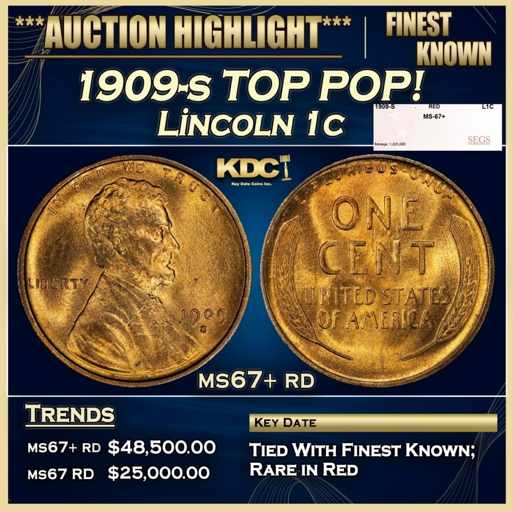 1909-s Lincoln Cent TOP POP! 1c ms67+ rd SEGS: 1909-s TOP POP! Lincoln Cent 1c ms67+ rd SEGS. 0