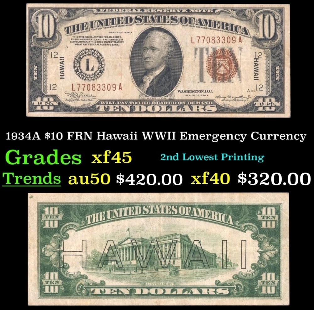 1934A $10 FRN Hawaii WWII Emergency Currency Grades xf+: 1934A $10 FRN Hawaii WWII Emergency Currency Grades xf+.