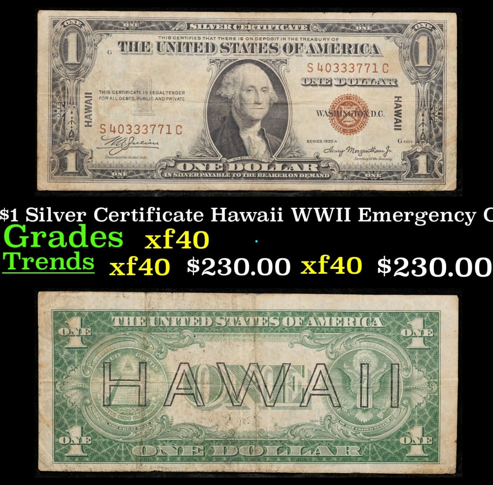 1935A $1 Silver Certificate Hawaii WWII Emergency Currency Grades xf: 1935A $1 Silver Certificate Hawaii WWII Emergency Currency Grades xf. FR-2300 Signatures of Julian & Morgenthau WWII Emergency Currency. It was the darkest days of World War II, just after Pearl Harbo