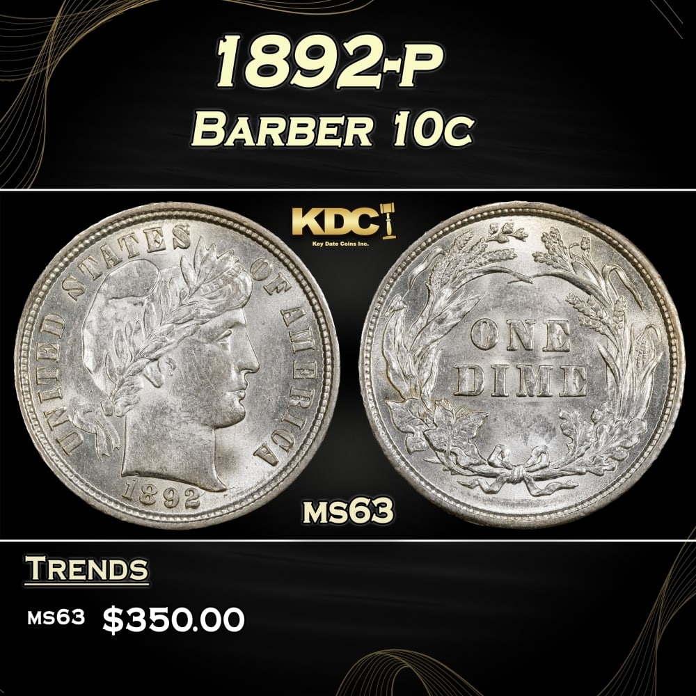 1892-p Barber Dime 10c Grades ms63 (1 of 3)