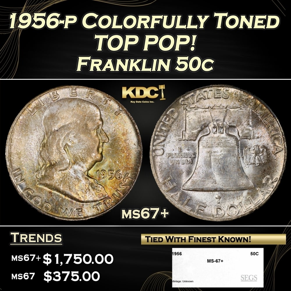 1956-p Franklin Half Dollar Colorfully Toned TOP POP! 50c ms67+ SEGS: 1956-p Colorfully Toned TOP POP! Franklin Half Dollar 50c ms67+ SEGS.