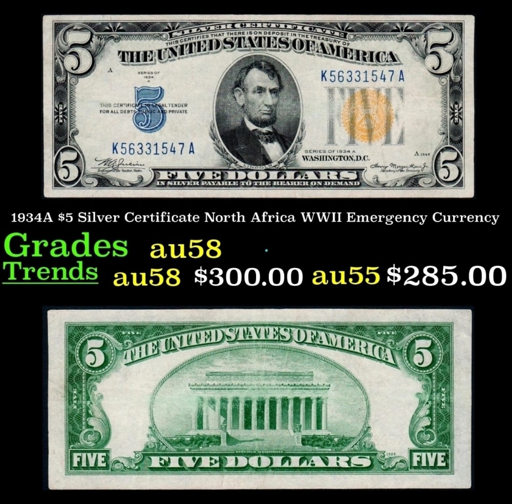 1934A $5 Silver Certificate North Africa WWII Emergency Currency Grades Choice AU/BU Slider: 1934A $5 Silver Certificate North Africa WWII Emergency Currency Grades Choice AU/BU Slider.