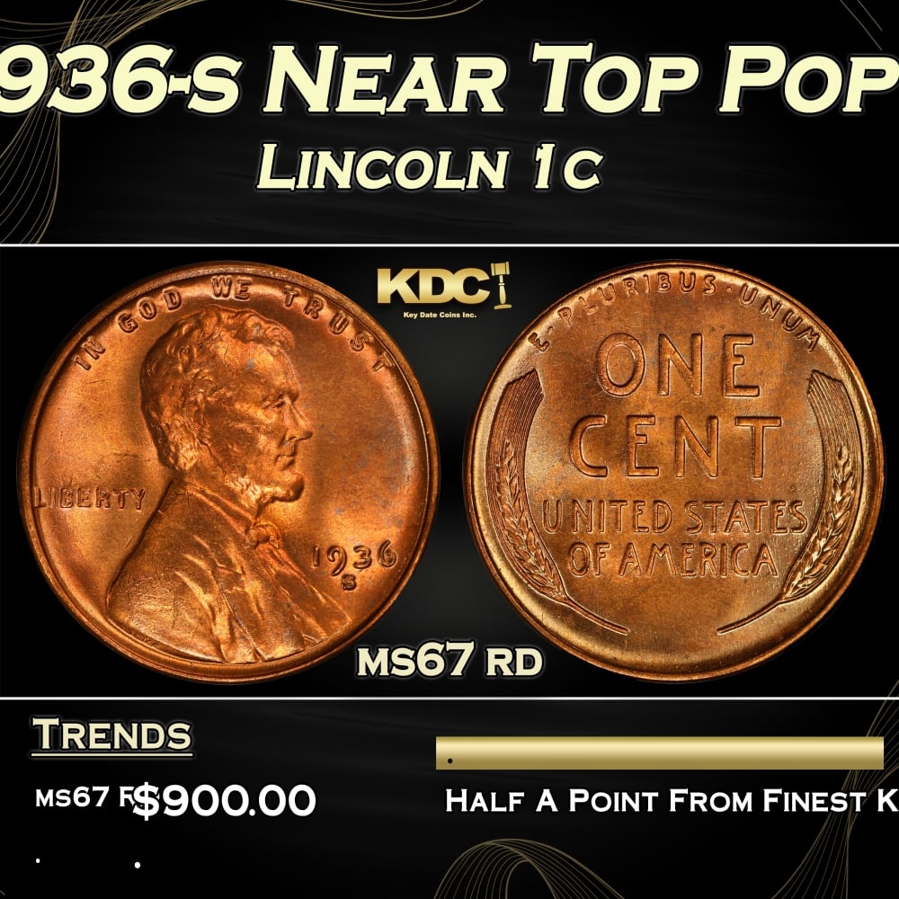 1936-s Lincoln Cent Near Top Pop 1c ms67 rd SEGS: 1936-s Near Top Pop Lincoln Cent 1c ms67 rd SEGS. 0
