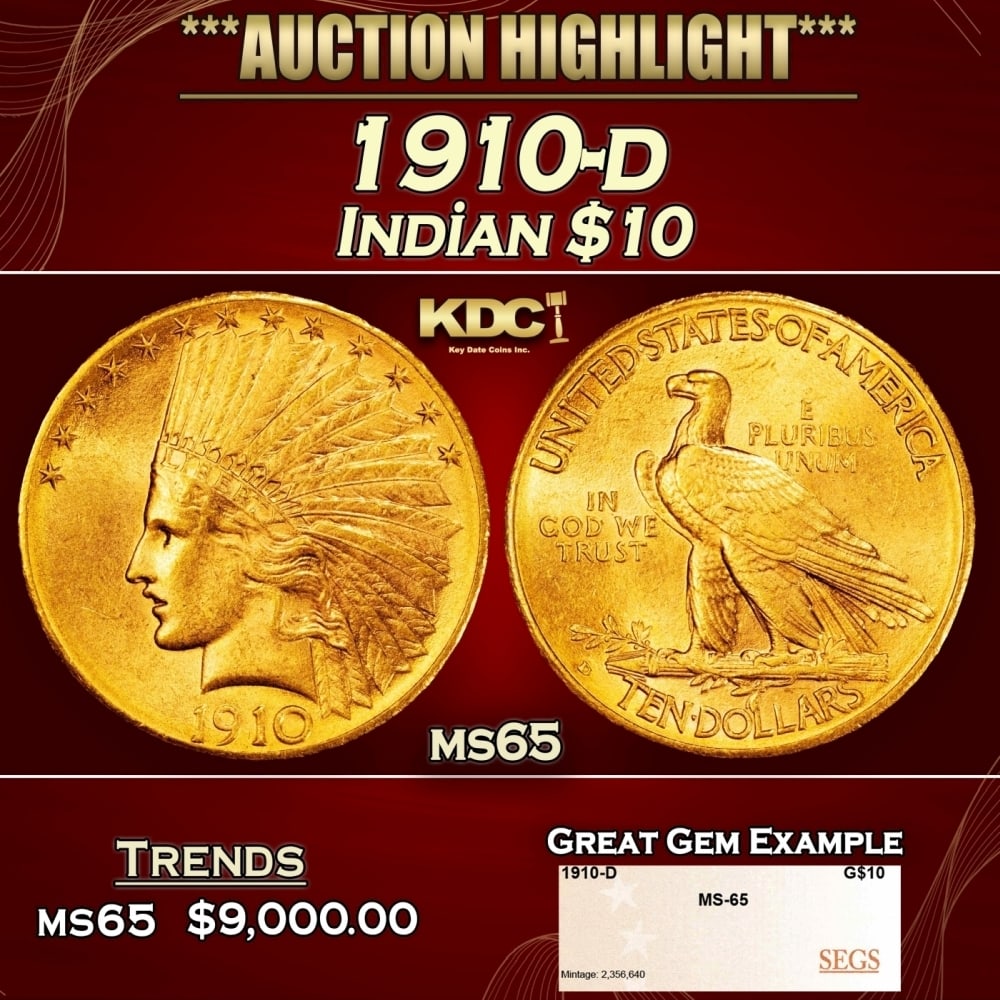 1910-d Gold Indian Eagle $10 ms65 SEGS: 1910-d Gold Indian Eagle $10 ms65 SEGS.