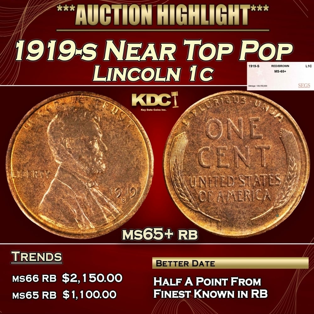 1919-s Lincoln Cent Near Top Pop 1c ms65+ rb SEGS: 1919-s Near Top Pop Lincoln Cent 1c ms65+ rb SEGS.