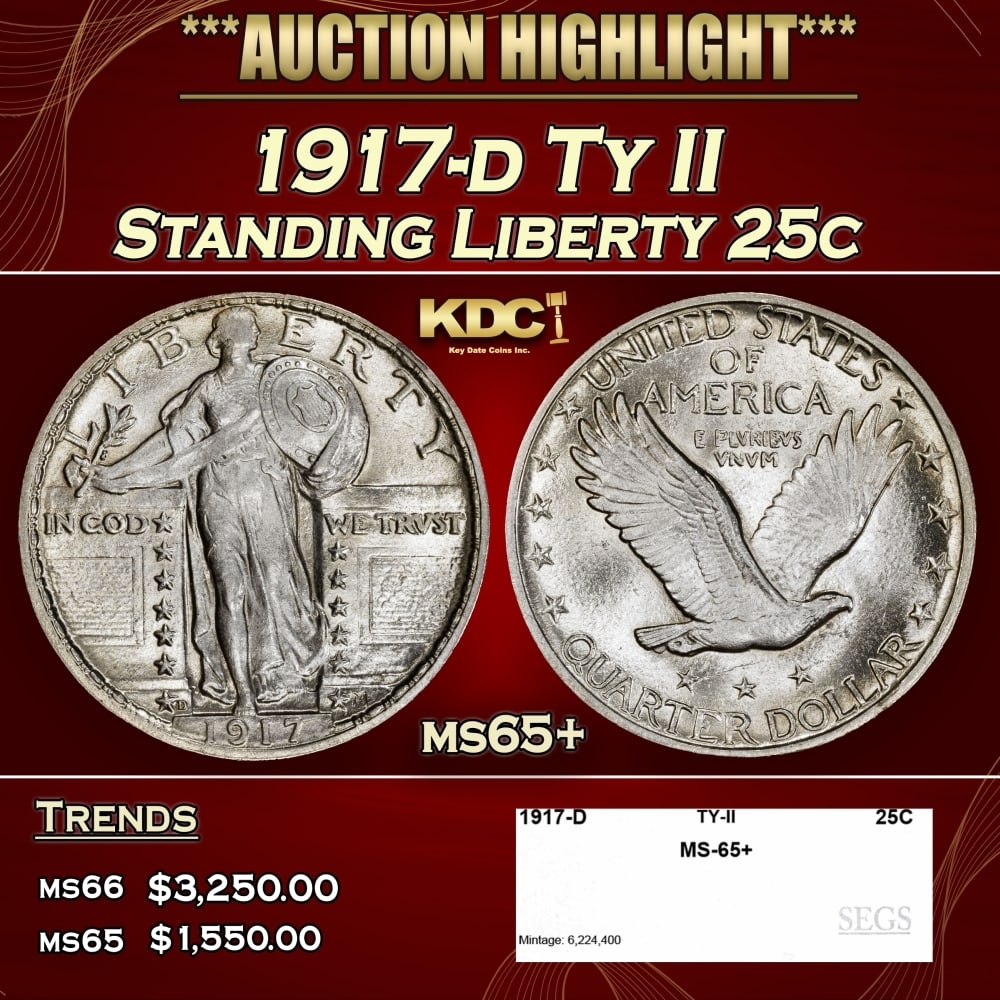1917-d Ty II Standing Liberty Quarter 25c ms65+ SEGS: 1917-d Ty II Standing Liberty Quarter 25c ms65+ SEGS. 0