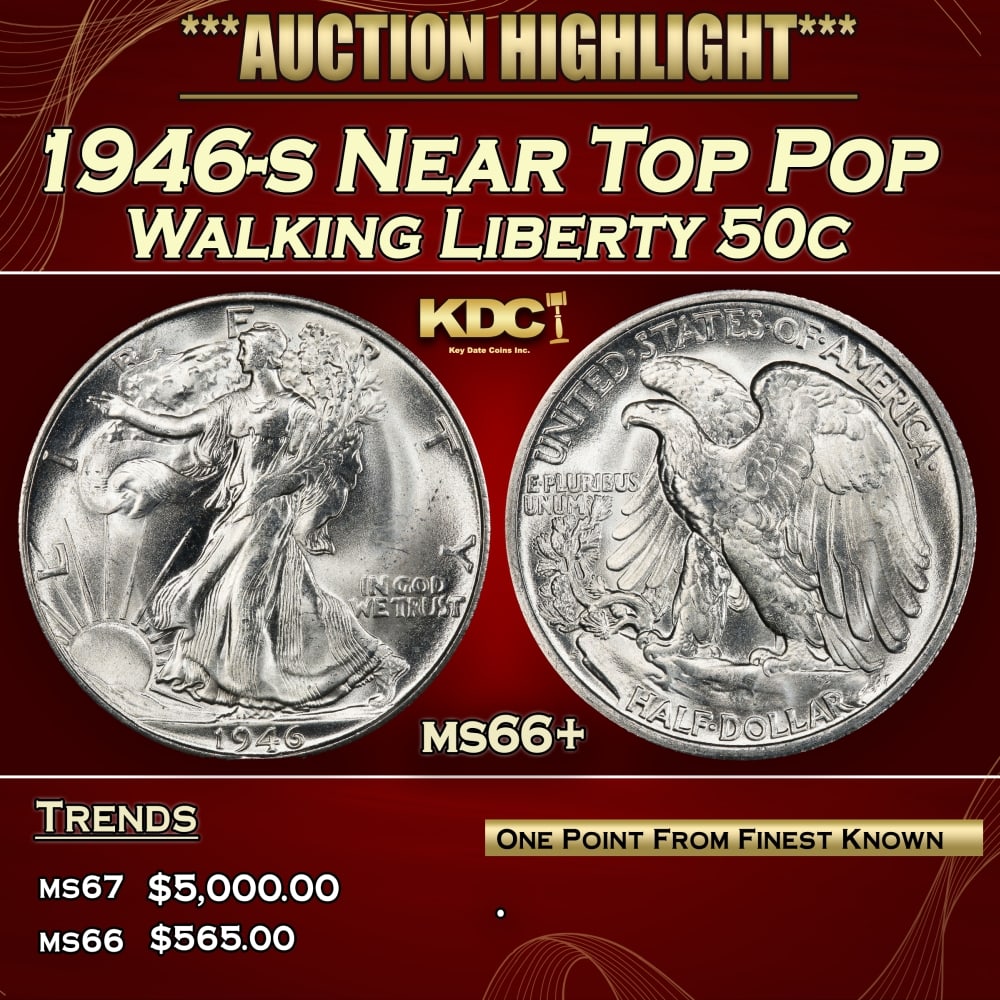 1946-s Walking Liberty Half Dollar Near Top Pop 50c ms66+ SEGS: 1946-s Near Top Pop Walking Liberty Half Dollar 50c ms66+ SEGS. 0