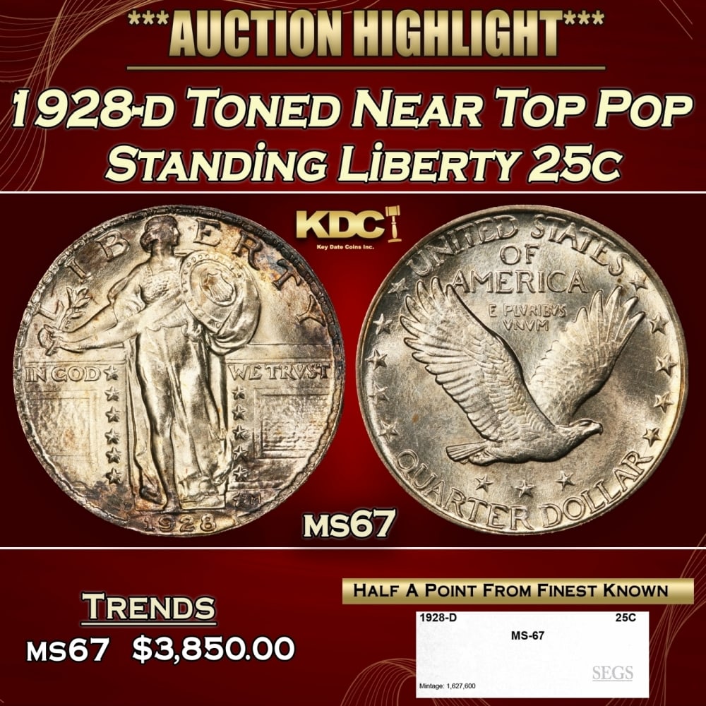 1928-d Standing Liberty Quarter Toned Near Top Pop 25c ms67 SEGS: 1928-d Toned Near Top Pop Standing Liberty Quarter 25c ms67 SEGS. 0