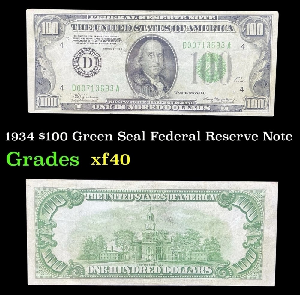 1934 $100 Green Seal Federal Reserve Note Grades xf: 1934 $100 Green Seal Federal Reserve Note Grades xf.